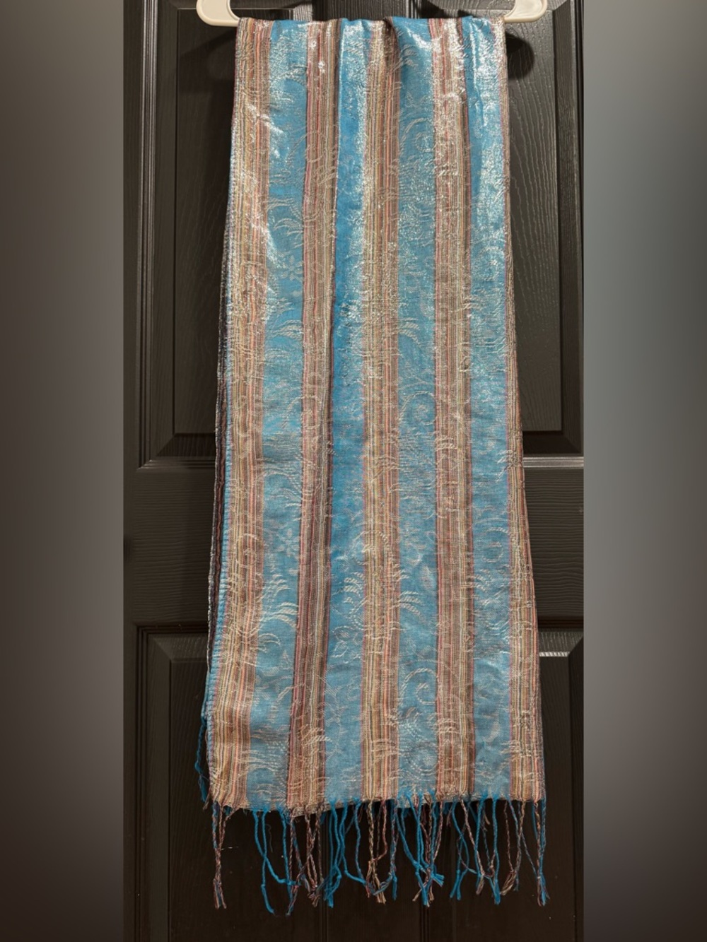 Teal Metallic Stripe Scarf with Fringe
